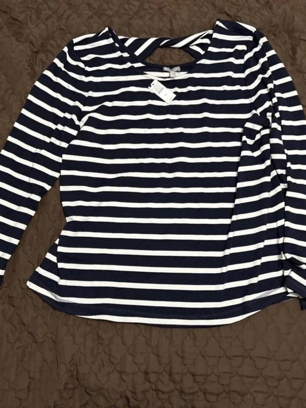 Talbots Navy & White Striped Long-Sleeve Twist-Back Top $59.50 NWT Sz PL